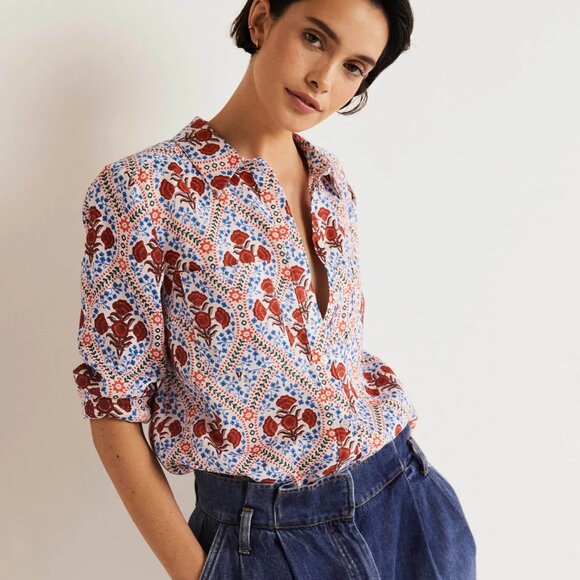 Boden linen shirt Ivory, Poppy Bloom 4P 4 petite - Picture 1 of 16
